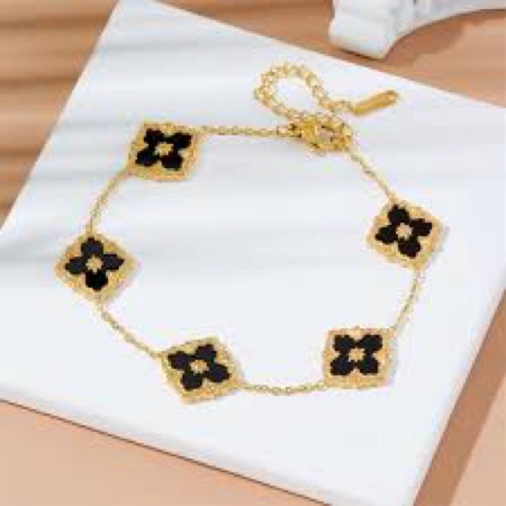 Gold Plated Black Five Leaf Clover Motif Bracelet